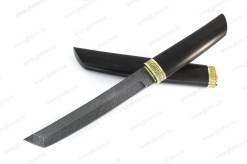 Нож Танто дамасская сталь, черное дерево, литье, деревянные ножны